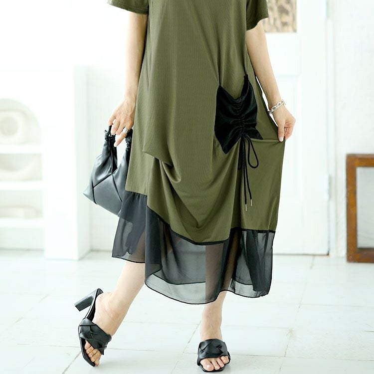 大きいサイズ レディース ビックポケット付きアシンメトリーワンピース　goldy-1522