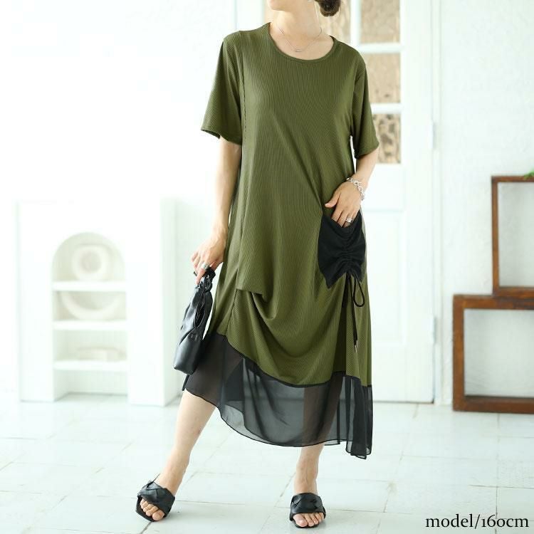 大きいサイズ レディース ビックポケット付きアシンメトリーワンピース　goldy-1522 カーキ