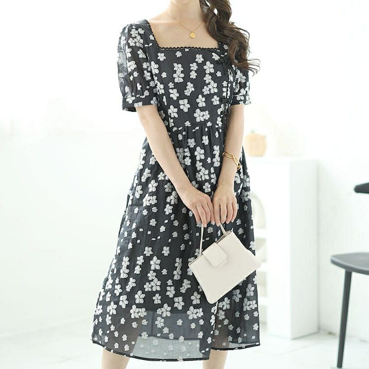 大きいサイズ レディース スクエアネック花柄ロングワンピース　goldy-1520