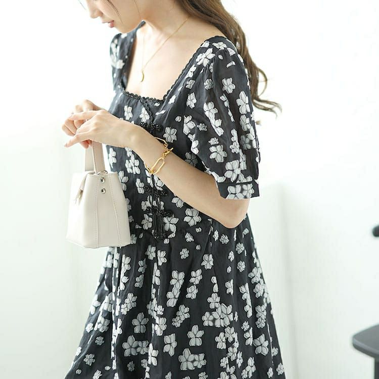 大きいサイズ レディース スクエアネック花柄ロングワンピース　goldy-1520