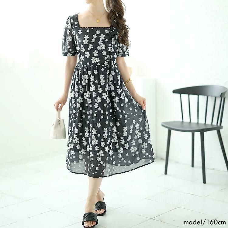 大きいサイズ レディース スクエアネック花柄ロングワンピース　goldy-1520 ブラック