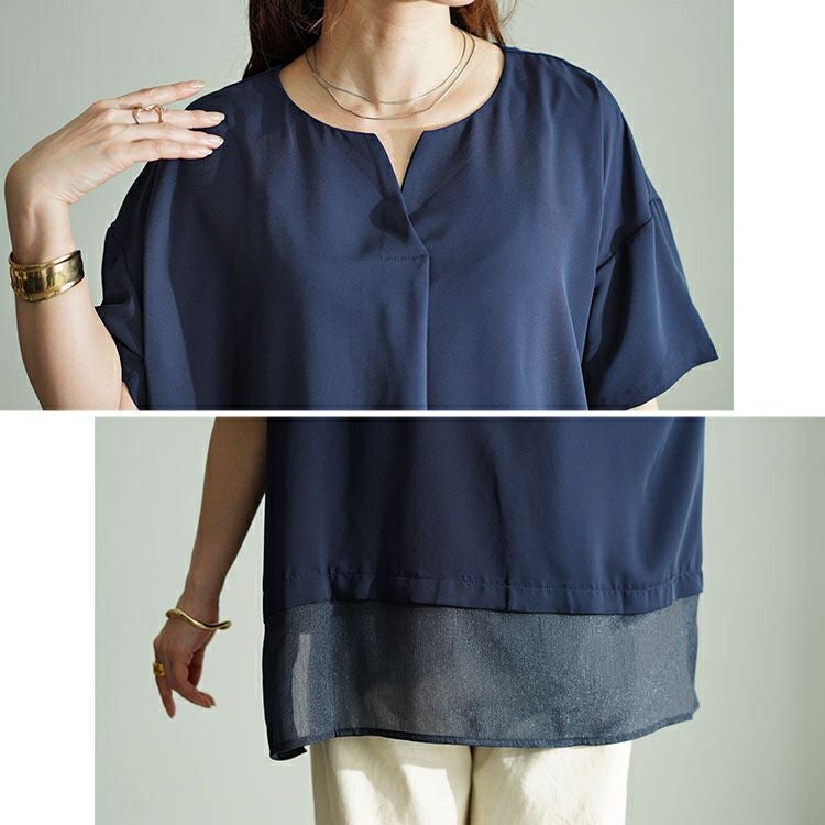 大きいサイズ レディース 裾異素材切り替えキーネックプルオーバー　fem-499 【メール便可】