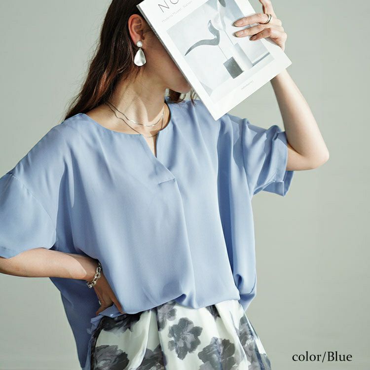 大きいサイズ レディース 裾異素材切り替えキーネックプルオーバー　fem-499 【メール便可】