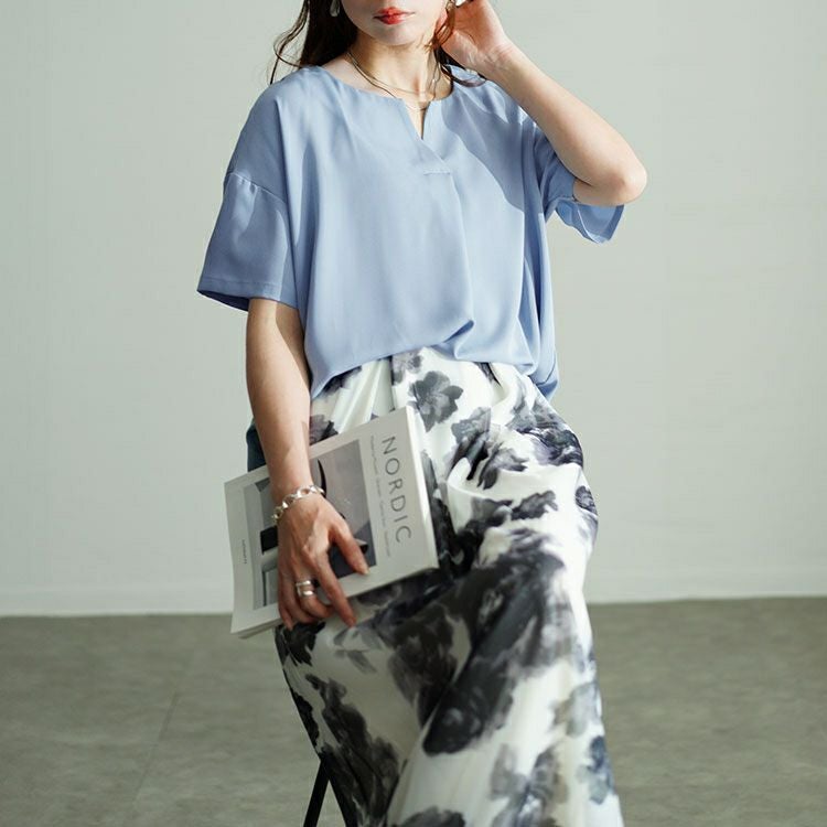 大きいサイズ レディース 裾異素材切り替えキーネックプルオーバー　fem-499 【メール便可】