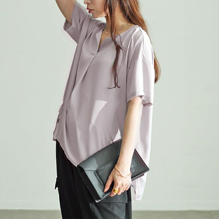 大きいサイズ レディース 裾異素材切り替えキーネックプルオーバー　fem-499 【メール便可】