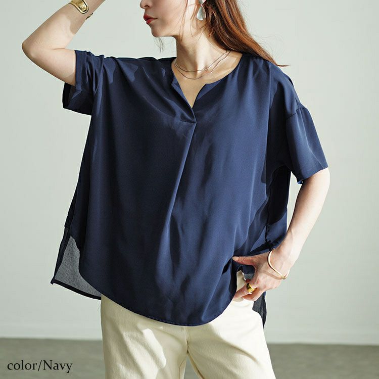 大きいサイズ レディース 裾異素材切り替えキーネックプルオーバー　fem-499 【メール便可】