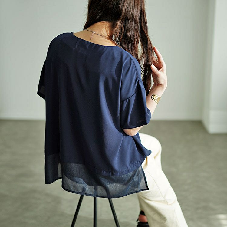 大きいサイズ レディース 裾異素材切り替えキーネックプルオーバー　fem-499 【メール便可】