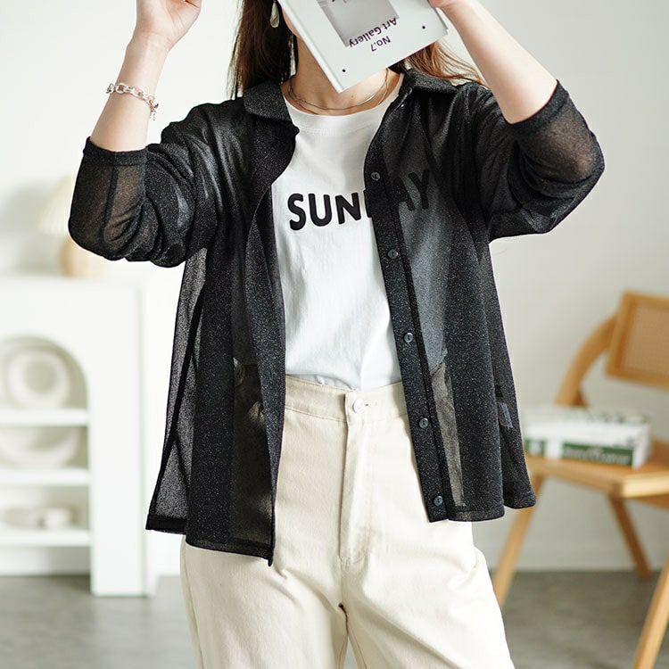 大きいサイズ レディース レギュラーカラーラメシアーシャツ　fem-498 【メール便可】