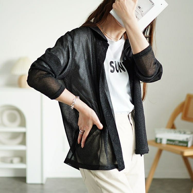 大きいサイズ レディース レギュラーカラーラメシアーシャツ　fem-498 【メール便可】