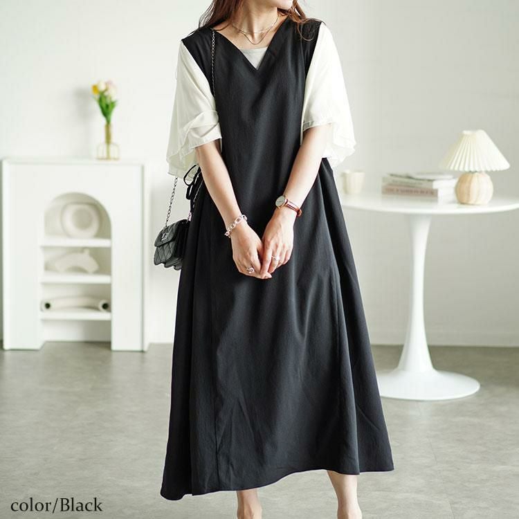 大きいサイズ レディース 楊柳前後2wayドロストジャンパースカート　fem-497 ブラック