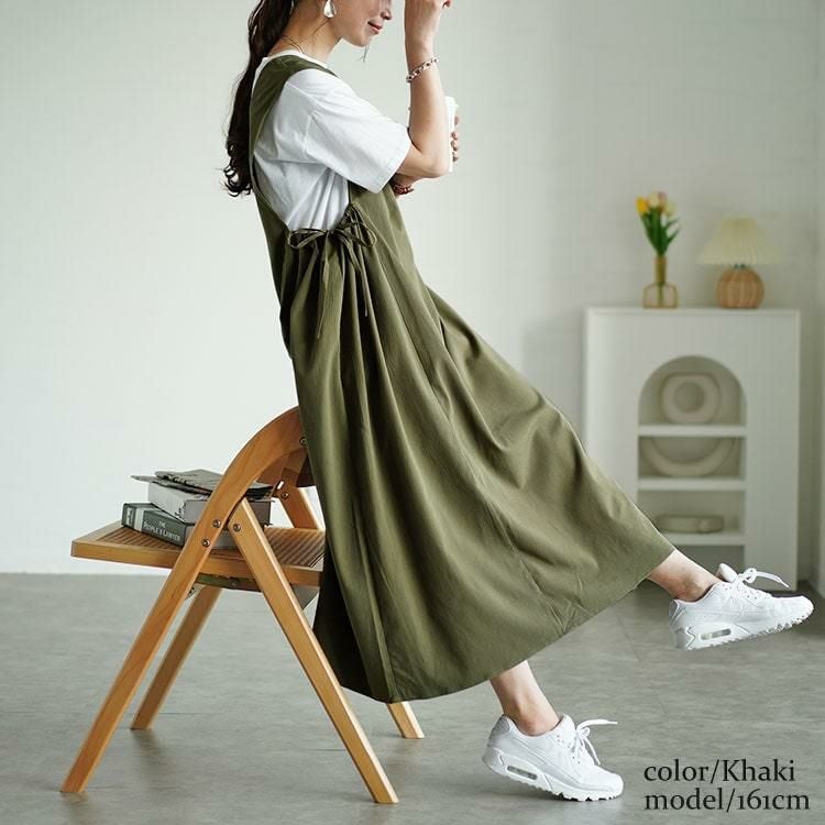 大きいサイズ レディース 楊柳前後2wayドロストジャンパースカート　fem-497 カーキ