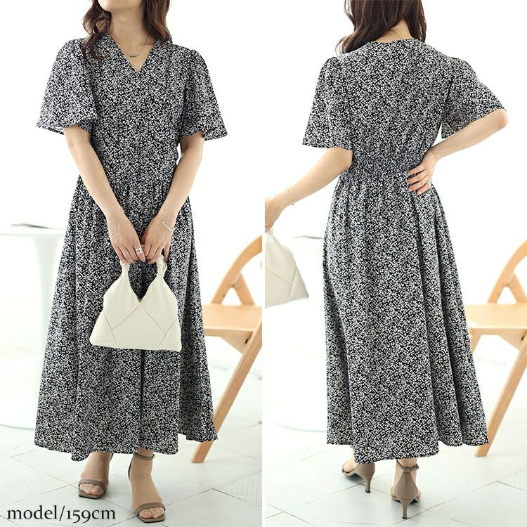 大きいサイズ レディース 小花柄ウエスト切り替えカシュクールワンピース　fem-496