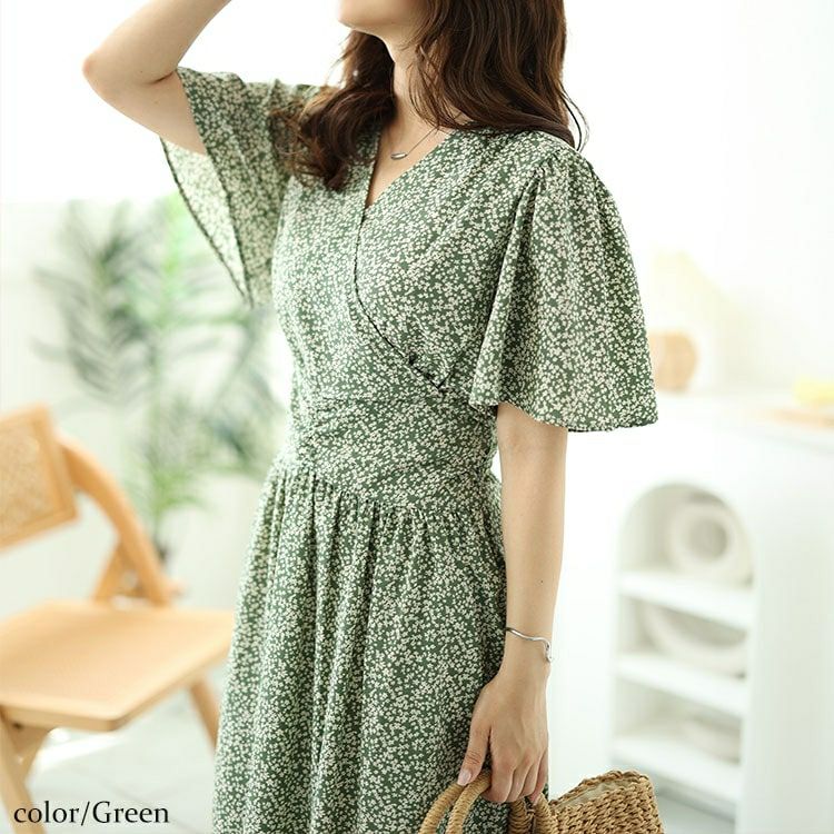 大きいサイズ レディース 小花柄ウエスト切り替えカシュクールワンピース　fem-496
