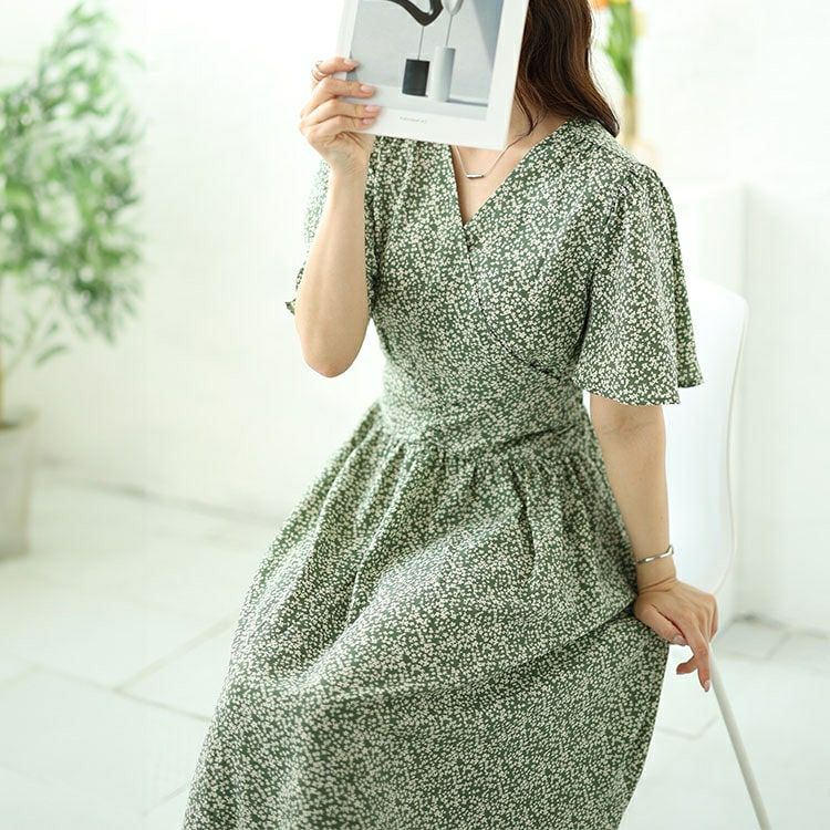 大きいサイズ レディース 小花柄ウエスト切り替えカシュクールワンピース　fem-496