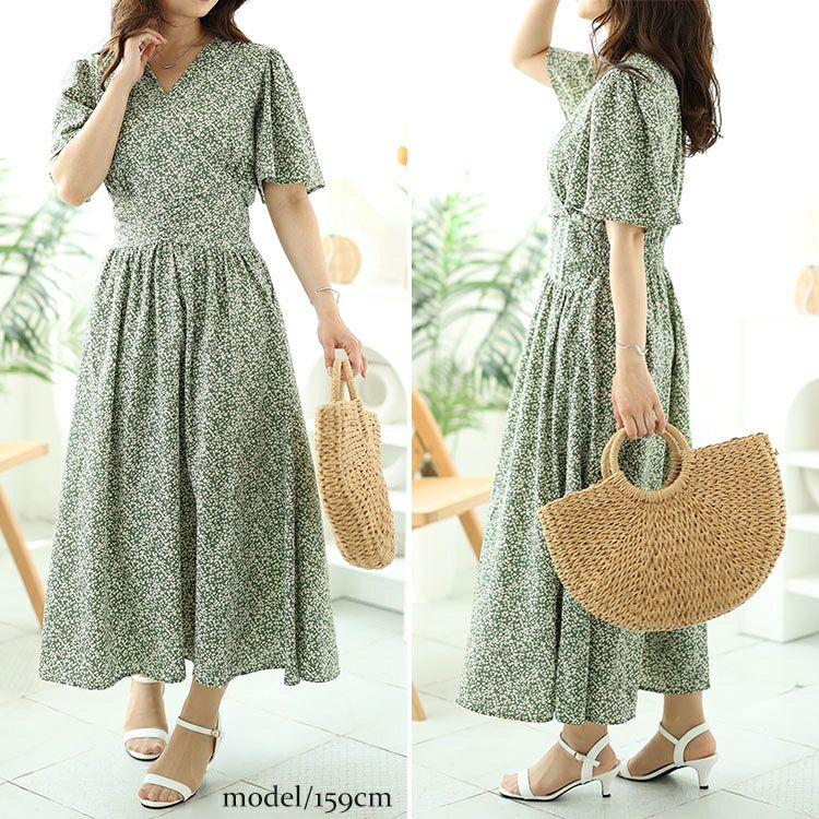 大きいサイズ レディース 小花柄ウエスト切り替えカシュクールワンピース　fem-496