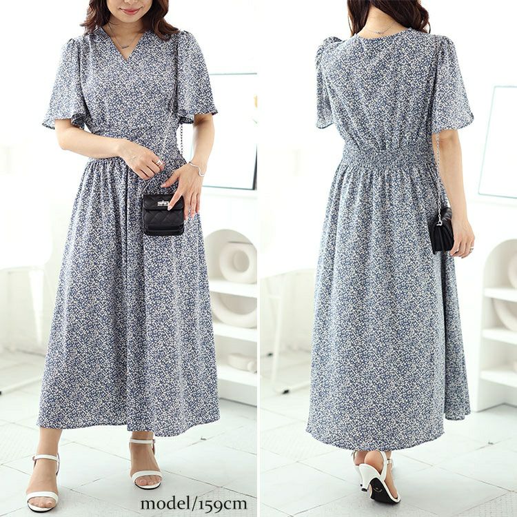 大きいサイズ レディース 小花柄ウエスト切り替えカシュクールワンピース　fem-496