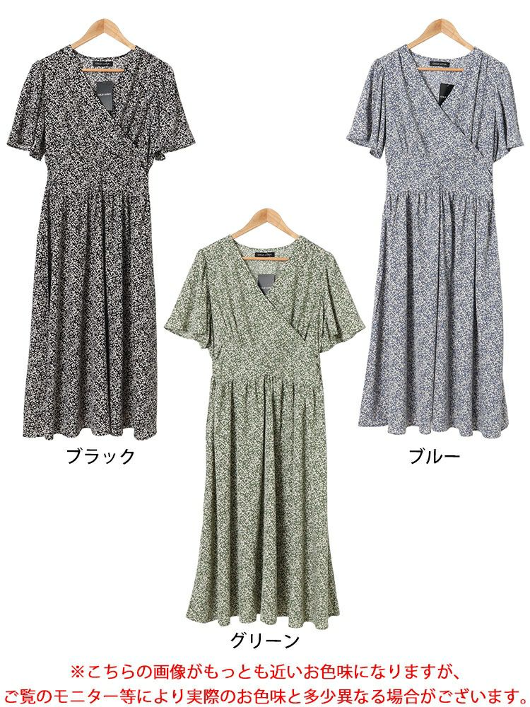 大きいサイズ レディース 小花柄ウエスト切り替えカシュクールワンピース　fem-496