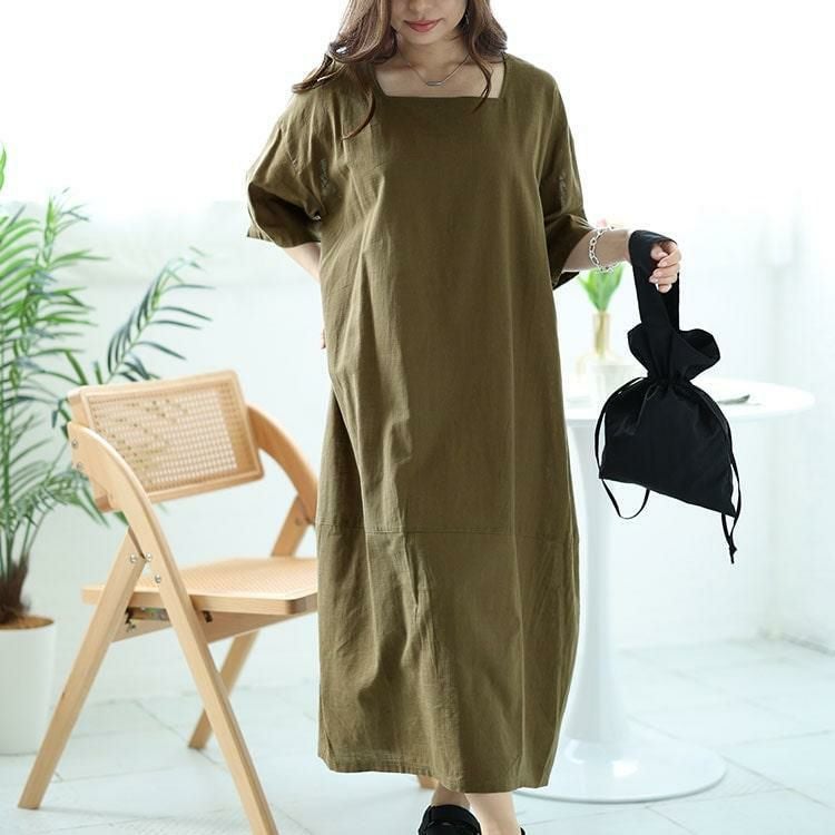 大きいサイズ レディース スクエアネックコクーンワンピース　fem-495 モカ