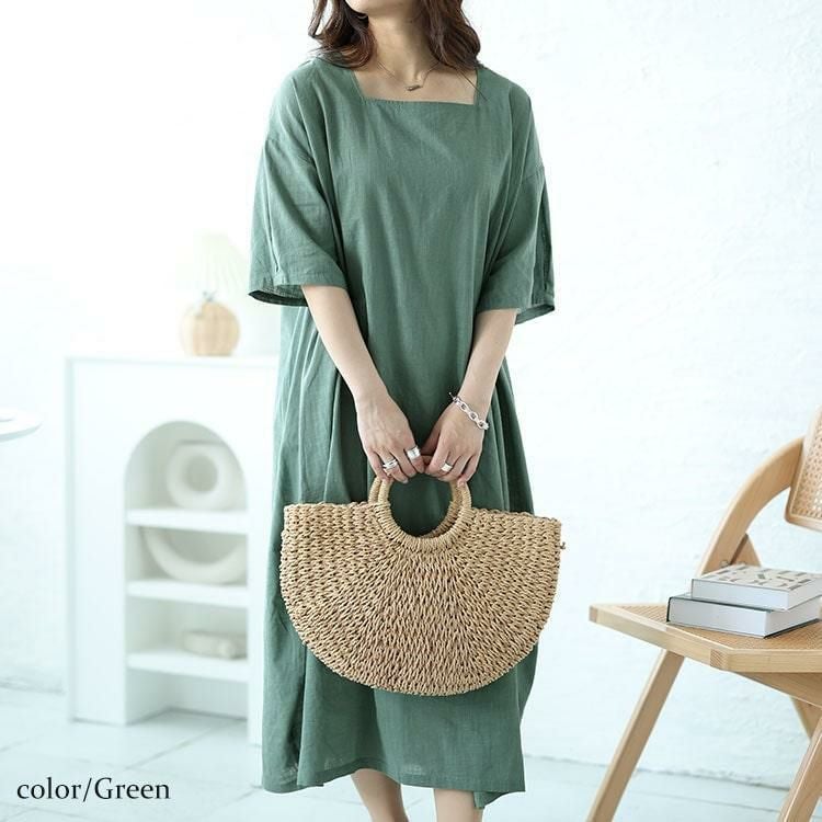 大きいサイズ レディース スクエアネックコクーンワンピース　fem-495 グリーン