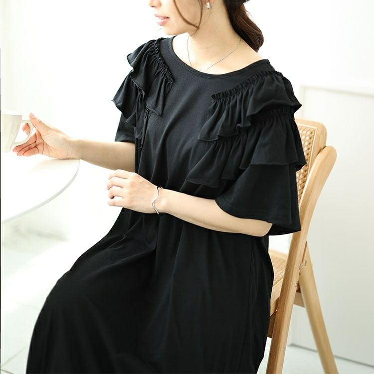 大きいサイズ レディース 肩ティアードフリルAラインワンピース　fem-492