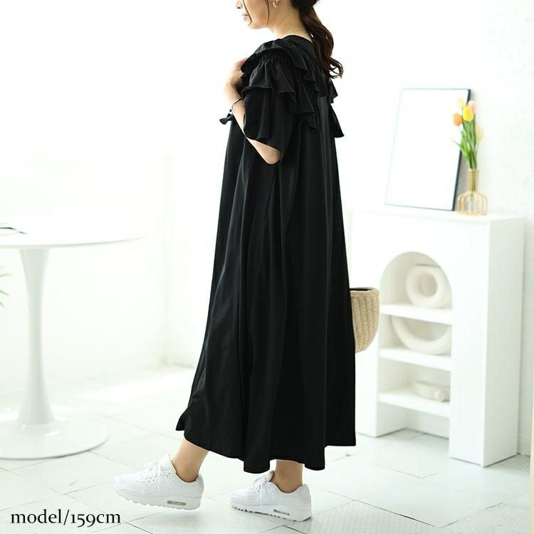 大きいサイズ レディース 肩ティアードフリルAラインワンピース　fem-492