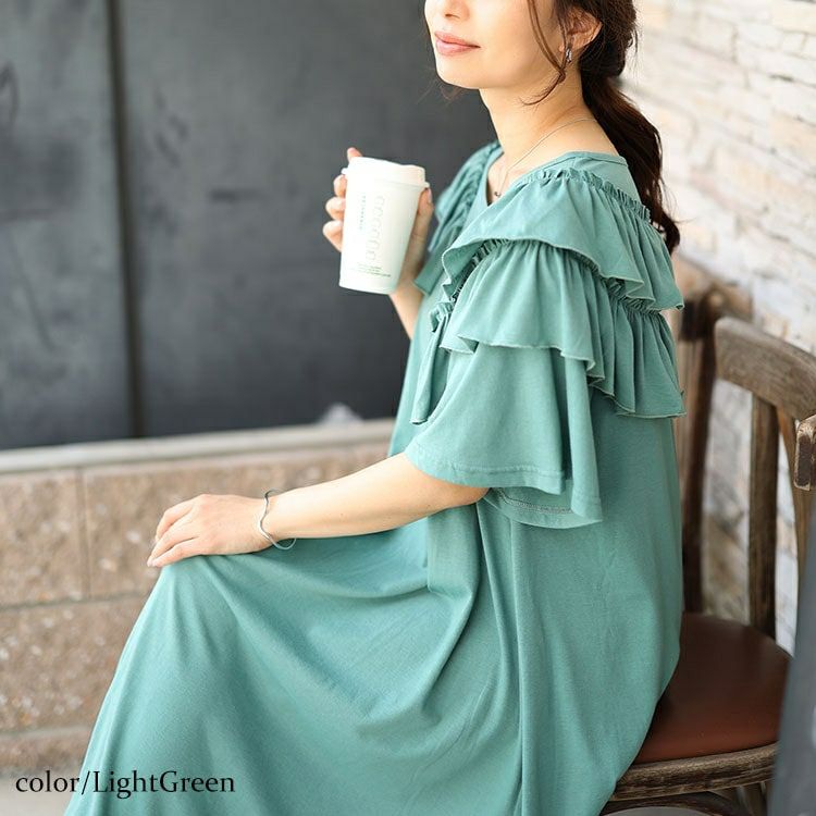 大きいサイズ レディース 肩ティアードフリルAラインワンピース　fem-492