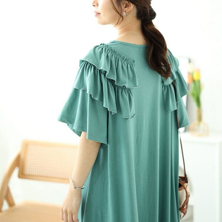 大きいサイズ レディース 肩ティアードフリルAラインワンピース　fem-492