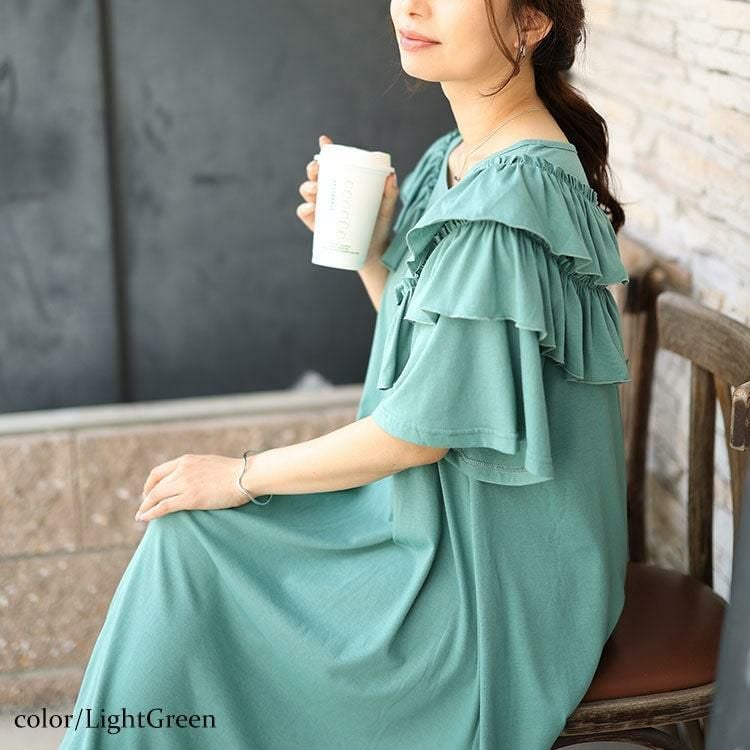 大きいサイズ レディース 肩ティアードフリルAラインワンピース　fem-492 ライトグリーン