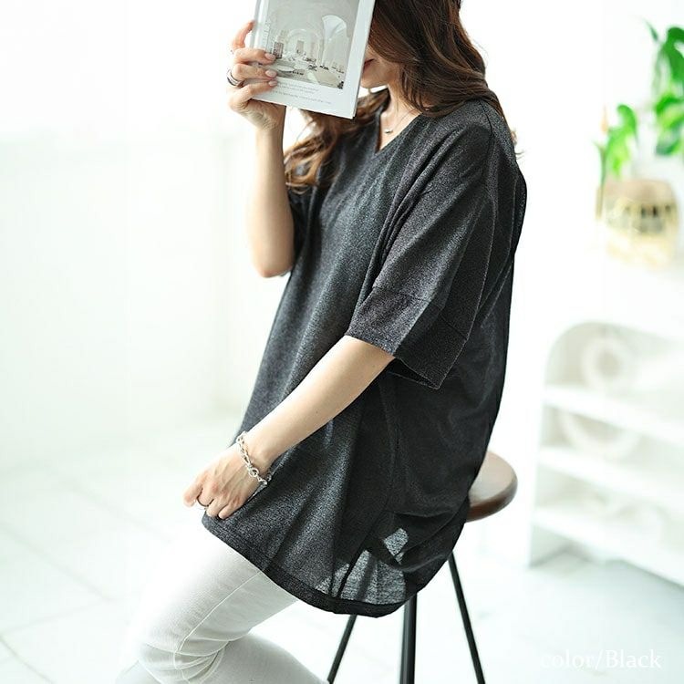 大きいサイズ レディース サイドタックVネックラメプルオーバー　fem-491 【メール便可】