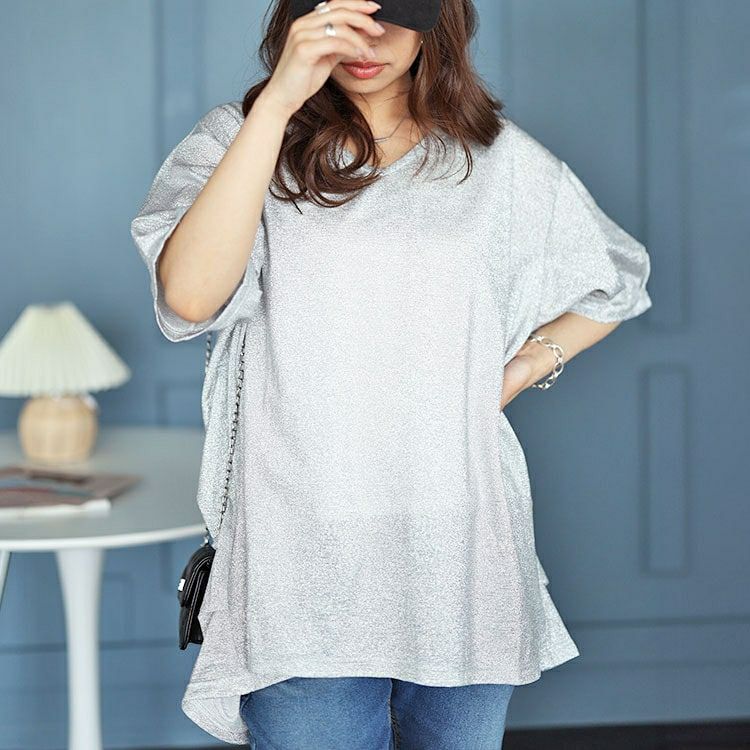 大きいサイズ レディース サイドタックVネックラメプルオーバー　fem-491 【メール便可】