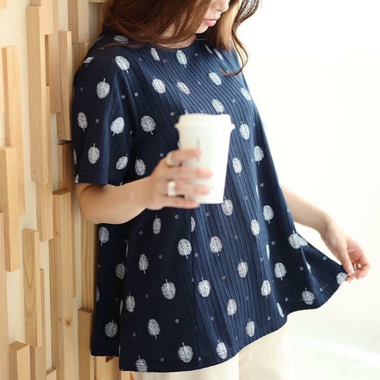 大きいサイズ レディース ウッド柄リブAラインプルオーバー　cast-1644008 【メール便可】 ネイビー