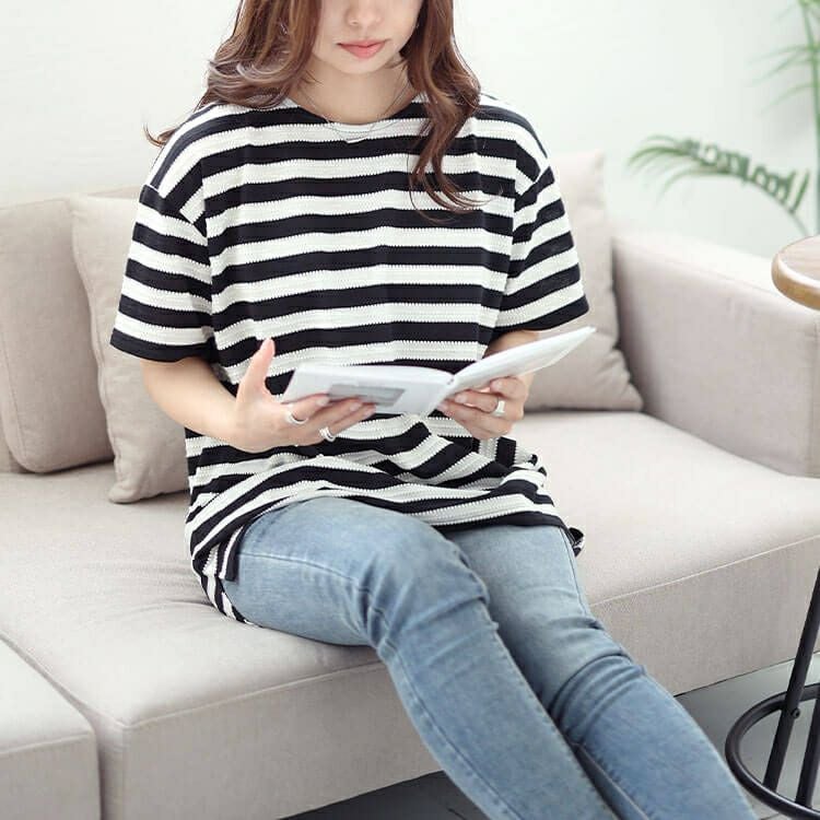 大きいサイズ レディース タックボーダースリットプルオーバー　cast-1644003 【メール便可】
