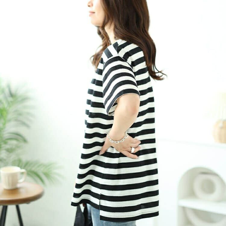 大きいサイズ レディース タックボーダースリットプルオーバー　cast-1644003 【メール便可】