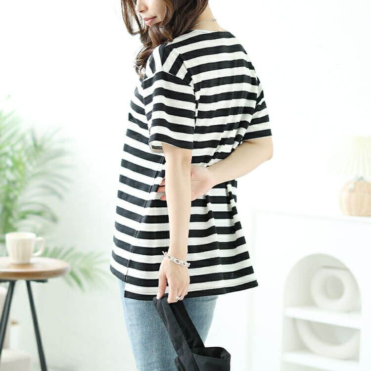 大きいサイズ レディース タックボーダースリットプルオーバー　cast-1644003 【メール便可】