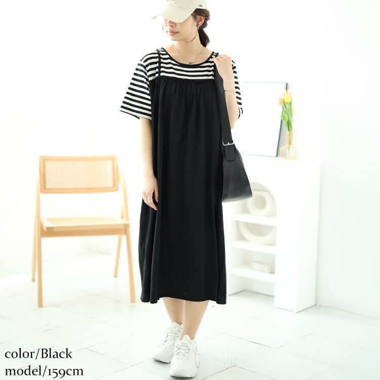 大きいサイズ レディース Tシャツドッキングキャミワンピース　cast-5544016 【メール便可】 ブラック