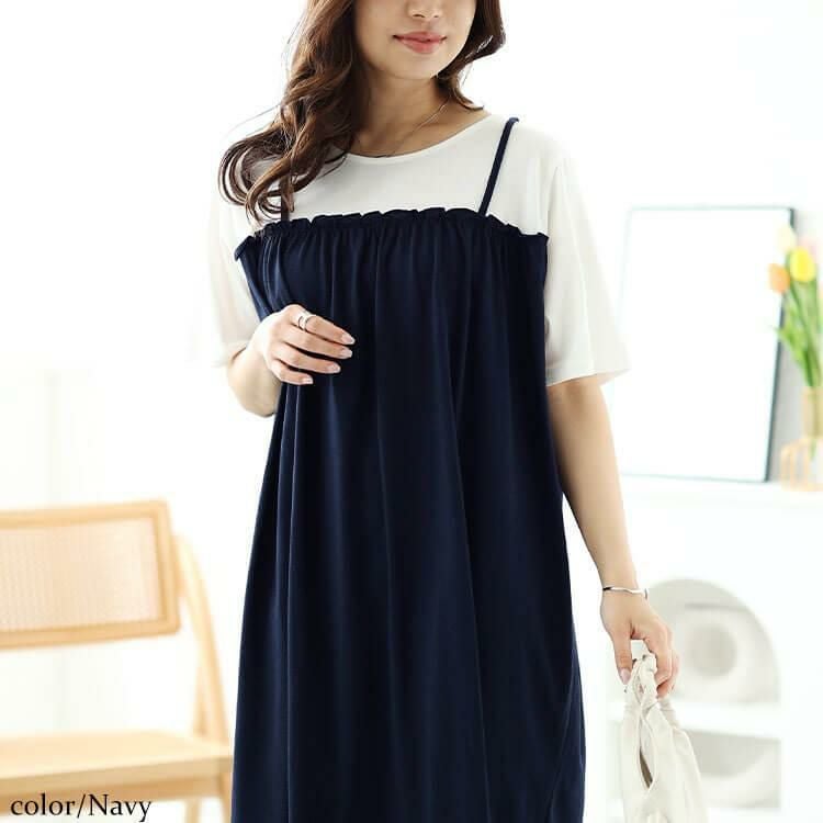 大きいサイズ レディース Tシャツドッキングキャミワンピース　cast-5544016 【メール便可】 ネイビー