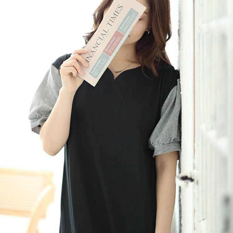 大きいサイズ レディース ストライプバルーンスリーブハートネックワンピース　cast-5544038 【メール便可】