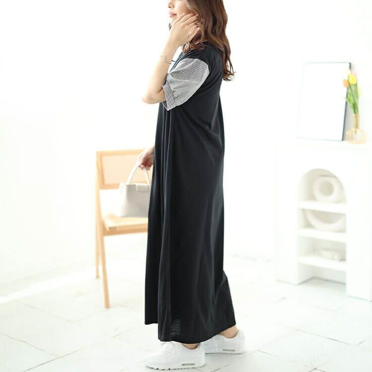 大きいサイズ レディース ストライプバルーンスリーブハートネックワンピース　cast-5544038 【メール便可】