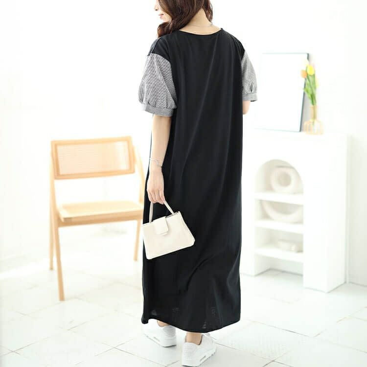 大きいサイズ レディース ストライプバルーンスリーブハートネックワンピース　cast-5544038 【メール便可】