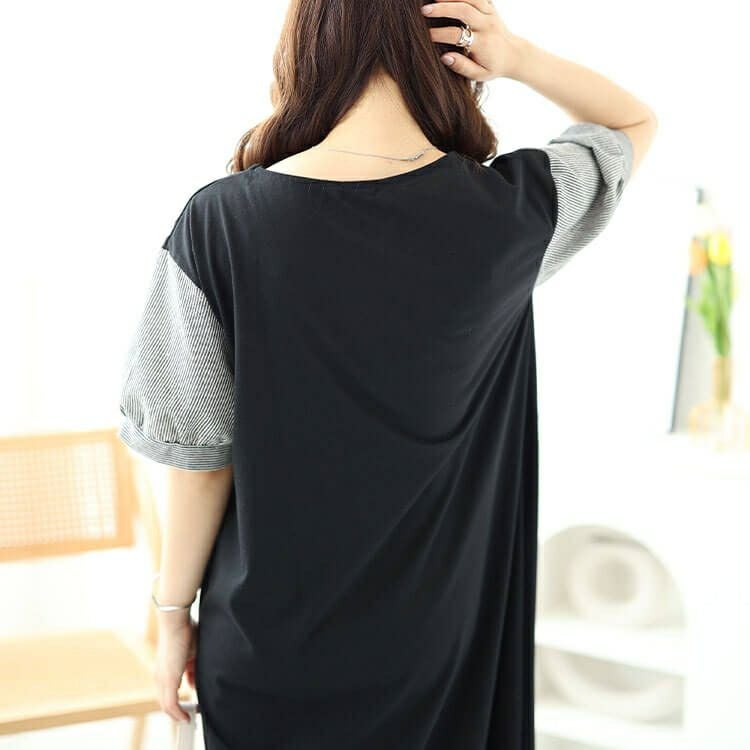 大きいサイズ レディース ストライプバルーンスリーブハートネックワンピース　cast-5544038 【メール便可】