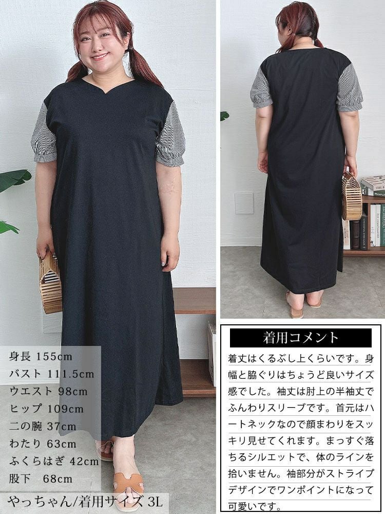 大きいサイズ レディース ストライプバルーンスリーブハートネックワンピース　cast-5544038 【メール便可】