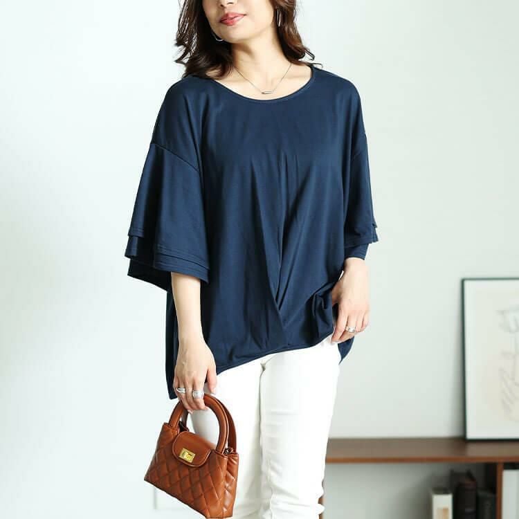 大きいサイズ レディース 裾タックティアードスリーブプルオーバー　cast-5544036 【メール便可】 ネイビー