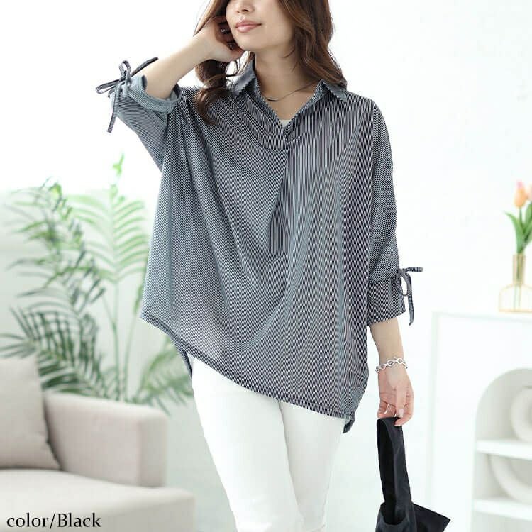 大きいサイズ レディース 袖リボンスキッパーシャツストライプトップス　cast-5544033 【メール便可】