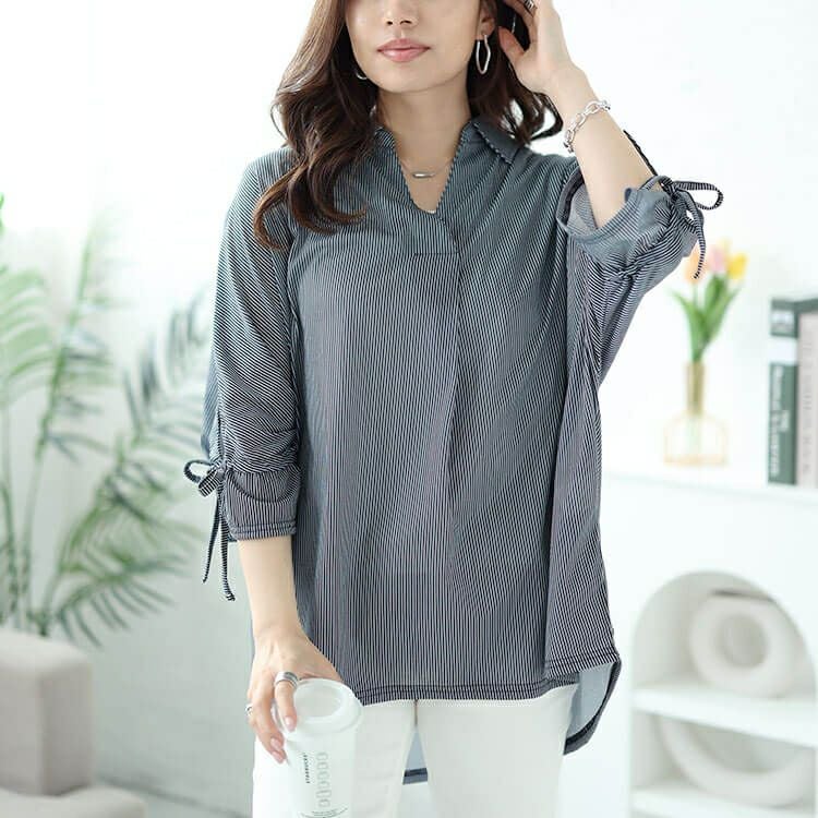 大きいサイズ レディース 袖リボンスキッパーシャツストライプトップス　cast-5544033 【メール便可】