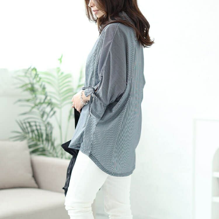 大きいサイズ レディース 袖リボンスキッパーシャツストライプトップス　cast-5544033 【メール便可】