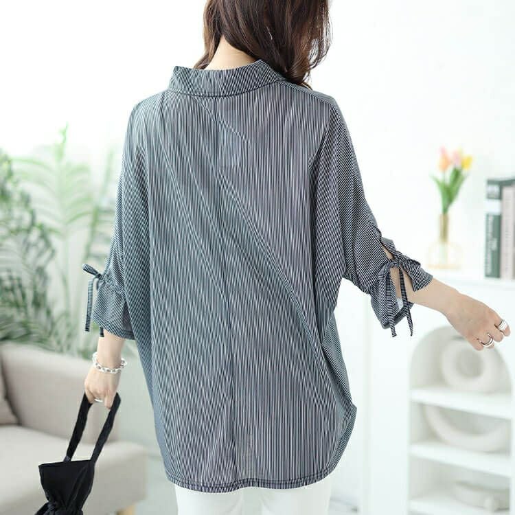 大きいサイズ レディース 袖リボンスキッパーシャツストライプトップス　cast-5544033 【メール便可】