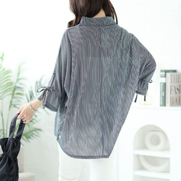 大きいサイズ レディース 袖リボンスキッパーシャツストライプトップス　cast-5544033 【メール便可】