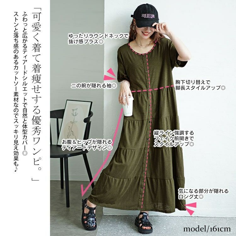 大きいサイズ レディース 前ボタンティアードマキシワンピース　cast-5544026