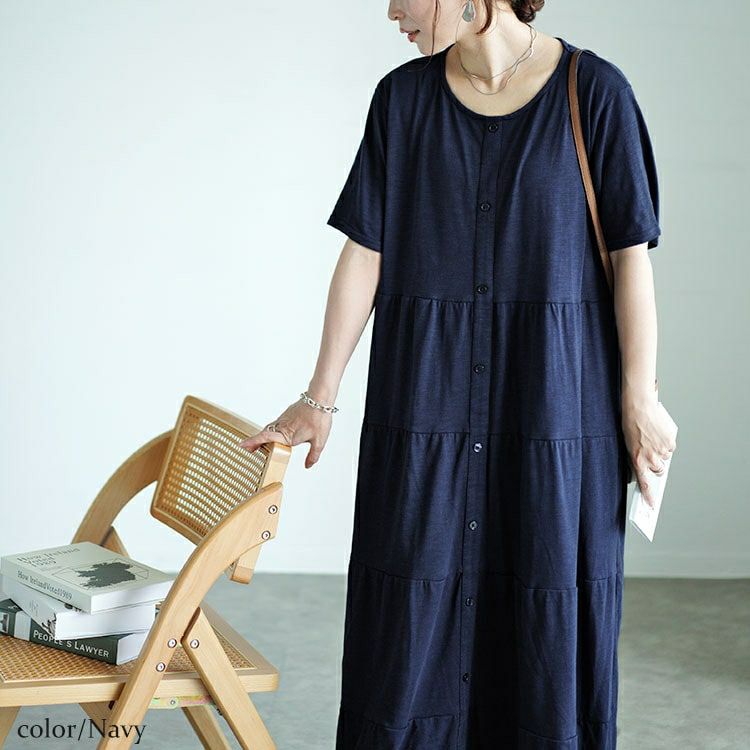 大きいサイズ レディース 前ボタンティアードマキシワンピース　cast-5544026