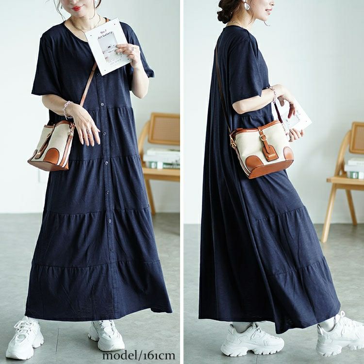 大きいサイズ レディース 前ボタンティアードマキシワンピース　cast-5544026